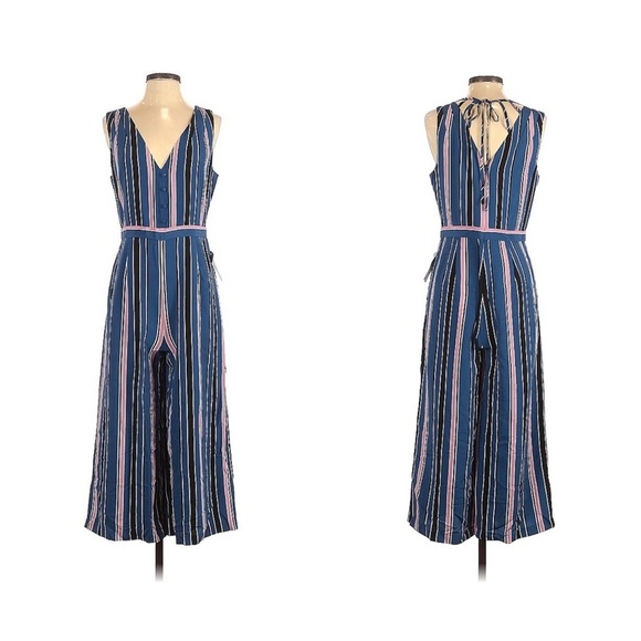 1901 Blue Multi-Color Stripe Wide Leg Cropped Jumpsuit - Picture 2 of 11